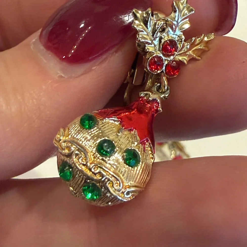 Festive Gold and Red Drop Earrings (vintage) - Picture 2 of 10